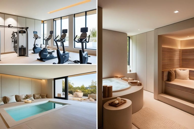 a room with a bathtub and a gym room
