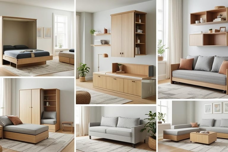 a collage of a living room with a couch and a bed