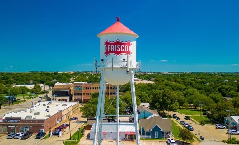 water tower in downtown Frisco, TX
