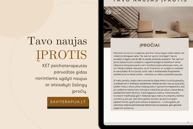 Planšetėje atvertas KET psichoterapeutės sukurtas PDF gidas „Tavo naujas įprotis“