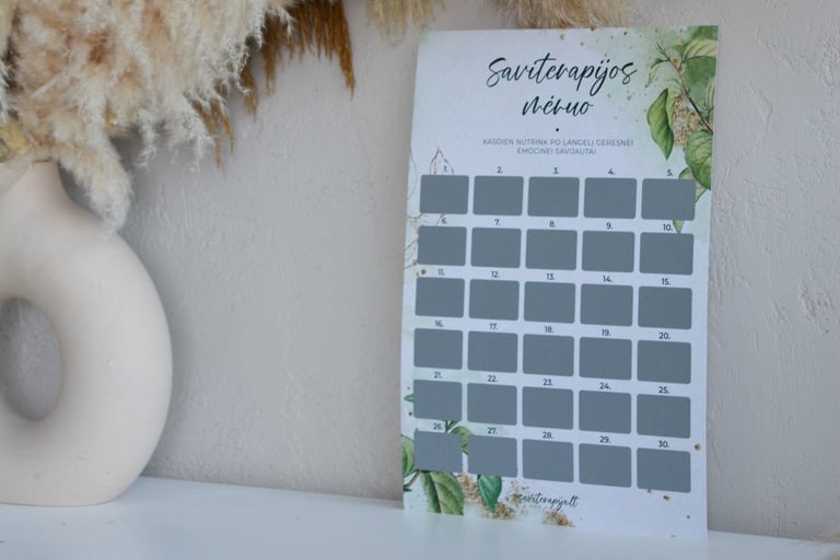 Saviterapijos patyriminis žaidimas, plakatas su nutrinamais langeliais.