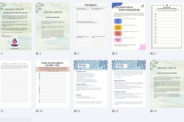PDF lapų pavyzdys. Chaoso suvaldymui skirtos psichologinės pagalbos kortelės.