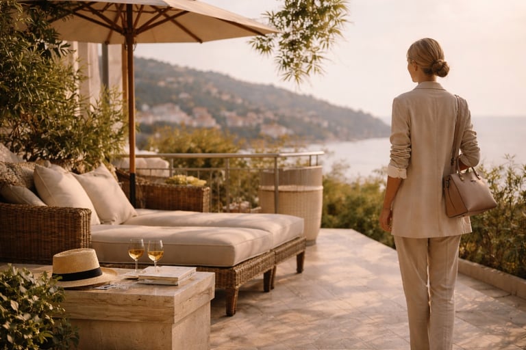 Elegant woman on luxury terrace overlooking coastal landscape.