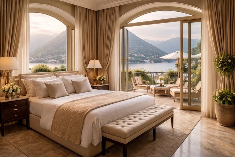 Luxury hotel bedroom with balcony overlooking lake and mountains.