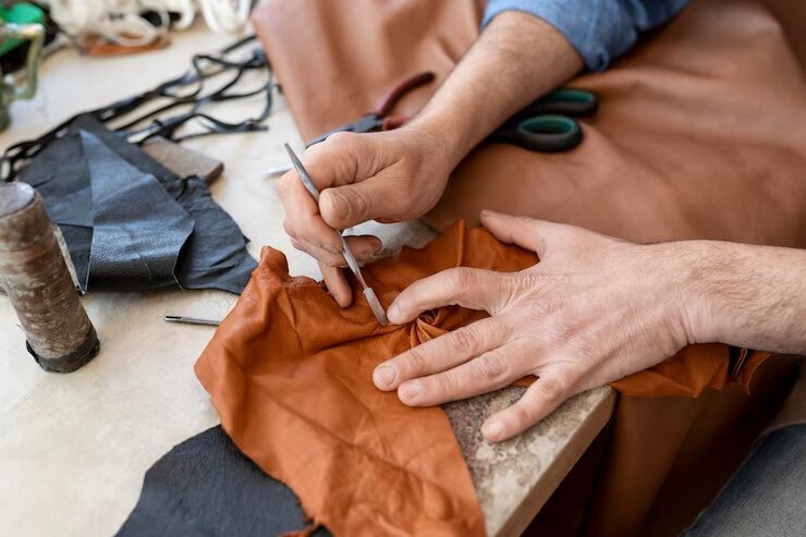 technician repairing orange leather material