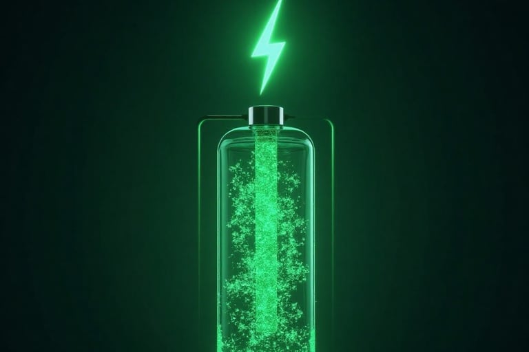 Conceptual image: A glowing green algae bioreactor (cathode) connected to a bioreactor with microbes