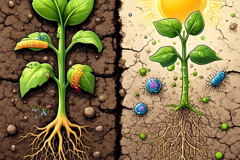 Conceptual illustration: A struggling, slightly wilted crop plant in dry, cracked soil on one side.