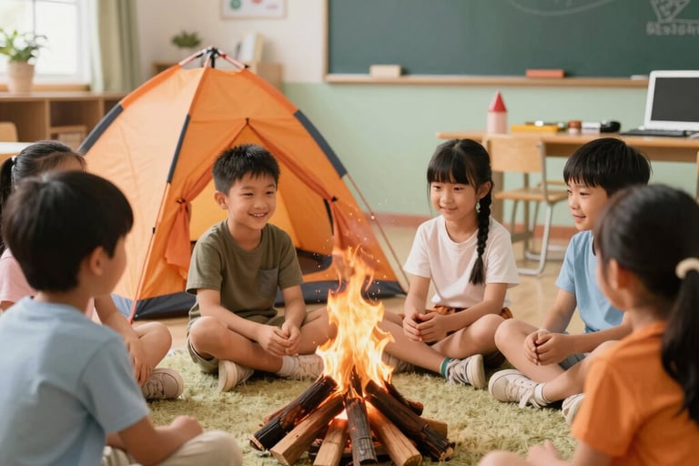 preschool camping fire and tent