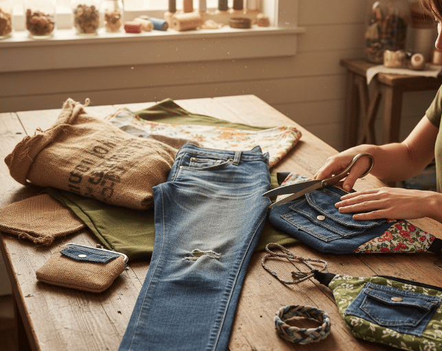 un jean, du tissu, des sacs banane sur une table, la couturiere va découper le tissu