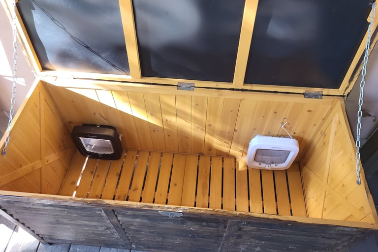 Different inside view of feeding box without floor cover.