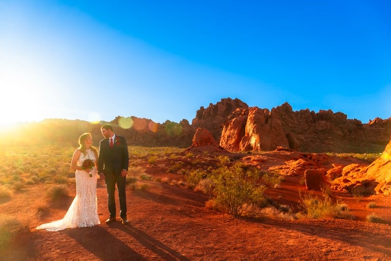 a bride and groom standing in the desert