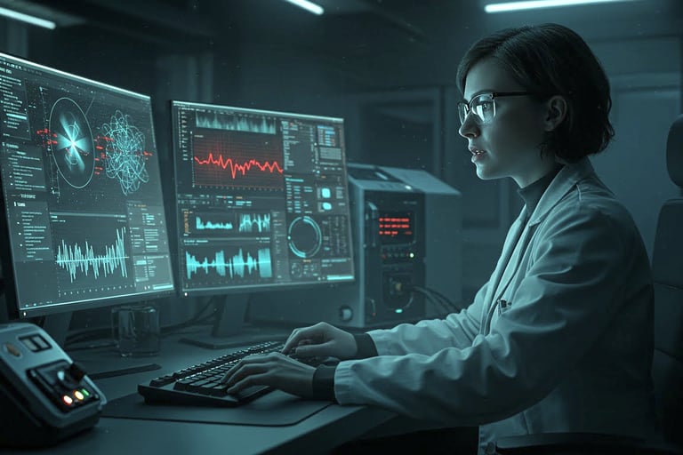 Dr. Thorne in the lab, by the holographic display.