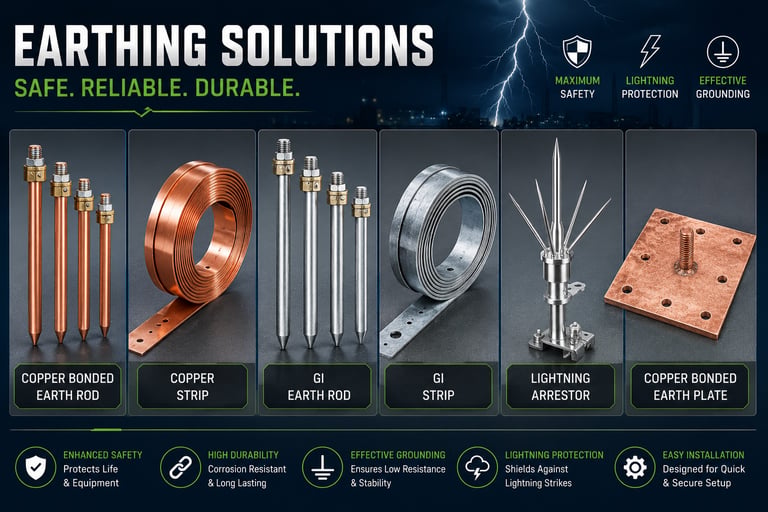 Durable earthing solutions featuring copper bonded earth rods, strips, and lightning arrestors for effective grounding.