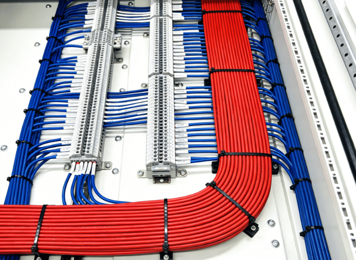 Organized red and blue electrical wiring inside an industrial control panel with terminal blocks.