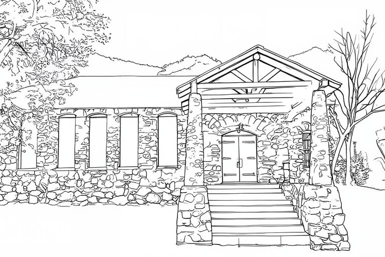 Black and white line drawing of the Historic. Fallsvale Schoolhouse