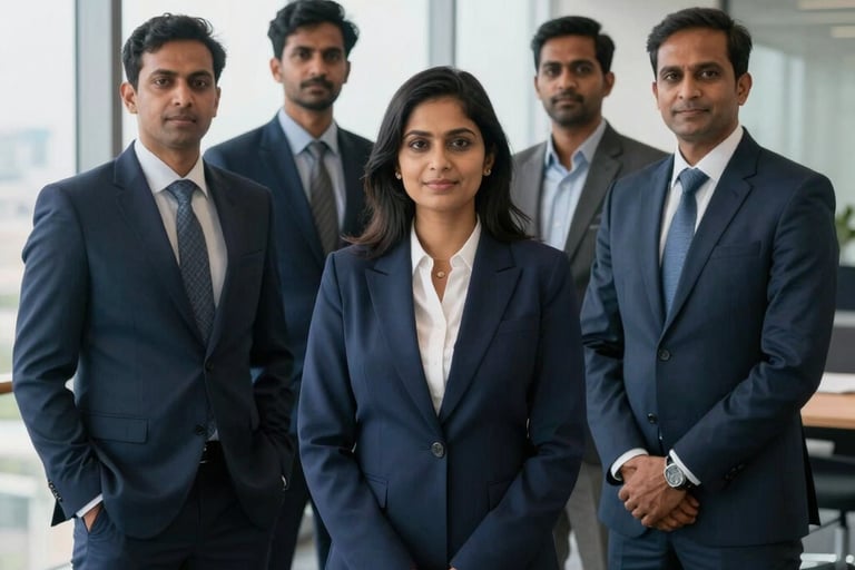 A high-end professional portrait of a South Asian / Indian business leadership team in a modern Mumbai office, wearing dark navy blue and steel blue corporate attire, soft natural light from large windows.