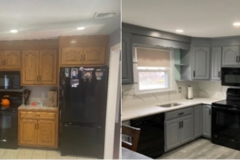 transforming outdated cabinets with primer and Benjamin Moore Paints Michael Cummings Painting