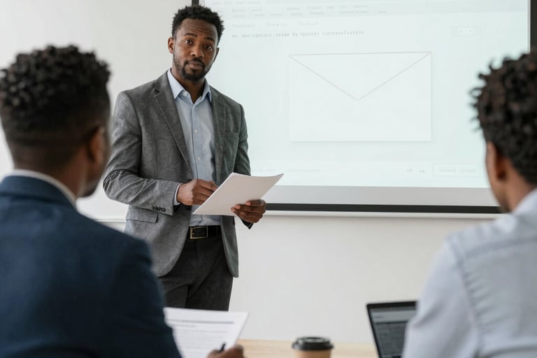 A cybersecurity expert leading an interactive training session with engaged employees.