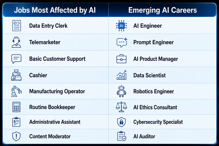 A comparison chart of jobs most affected by AI versus emerging AI careers like Prompt Engineer and AI Auditor.