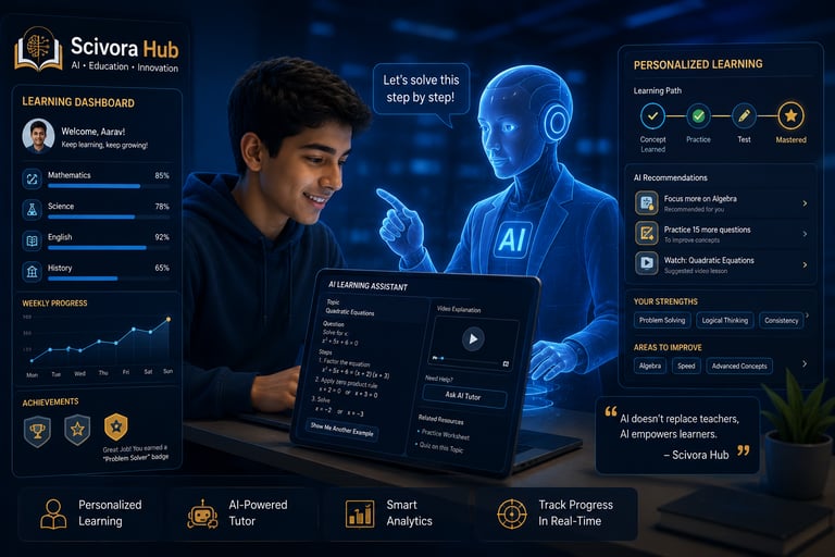 Student using an AI learning assistant with a personalized learning dashboard and AI tutor