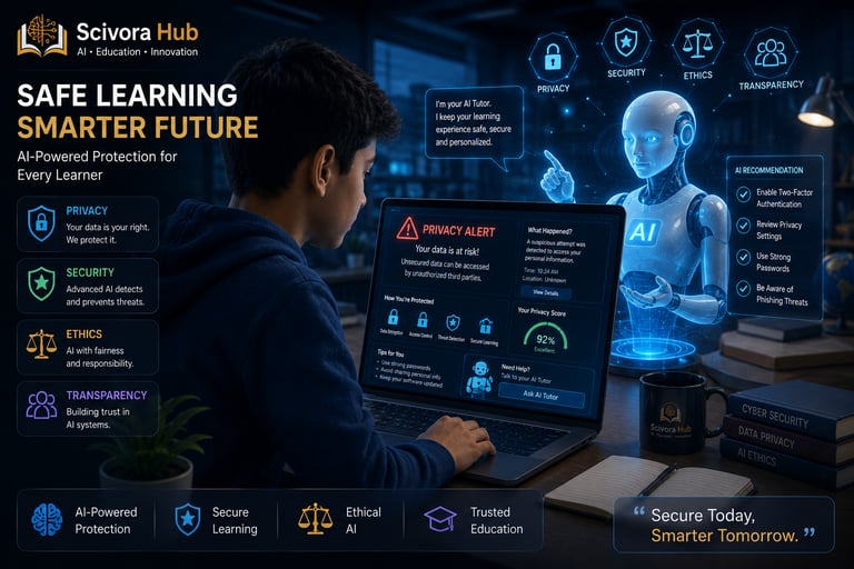 Student viewing a privacy warning on a laptop with AI security, ethics, and cybersecurity icons