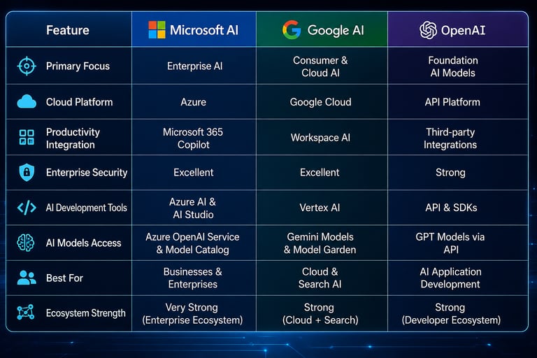 A comparison chart of Microsoft AI, Google AI, and OpenAI features, cloud platforms, and enterprise security.