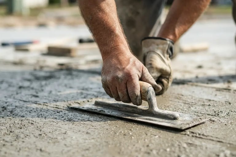 Close-up of concrete contractor hand-troweling a fresh driveway surface in South Jordan Utah