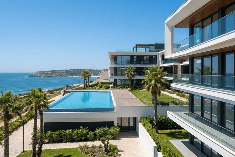 Modern luxury apartment interior in Nazaré with ocean views and the Sítio cliffs in the background –