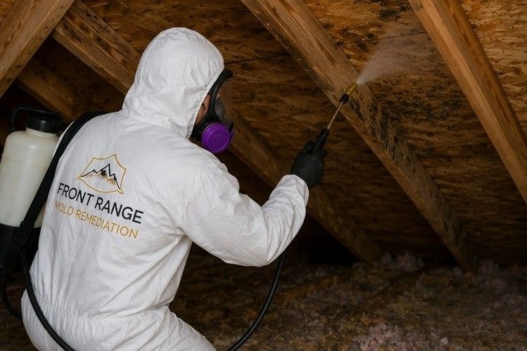 Front Range Mold Remediation technician in protective gear treating attic mold contamination on roof decking