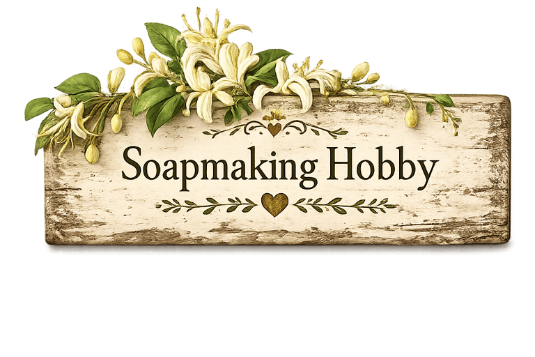 Rustic Soapmaking Hobby wooden sign decorated with white honeysuckle flowers and golden hearts.