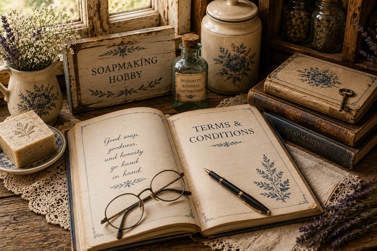 Vintage soapmaking journals and supplies on a rustic wooden table with an open book and round glasses.
