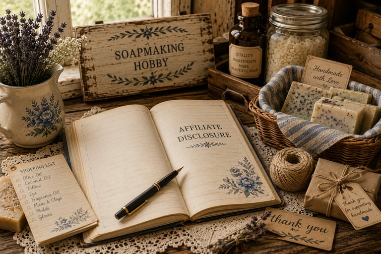 Rustic soapmaking hobby workspace with an open journal, handmade soap bars, and vintage supplies on a wooden table.