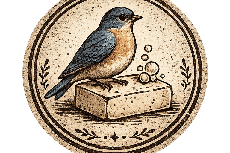 Vintage style illustration of a bluebird perched on a bar of natural soap with bubbles in a circular frame.