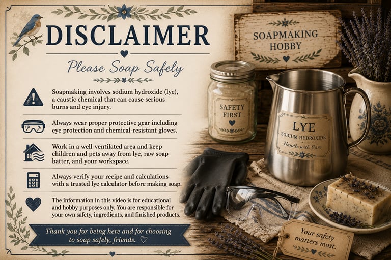Soapmaking safety disclaimer featuring sodium hydroxide lye safety equipment, goggles, and gloves.