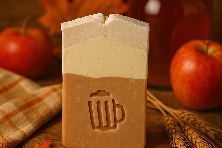 Handmade apple ale soap bar with maple leaves and fresh apples in a rustic fall setting.