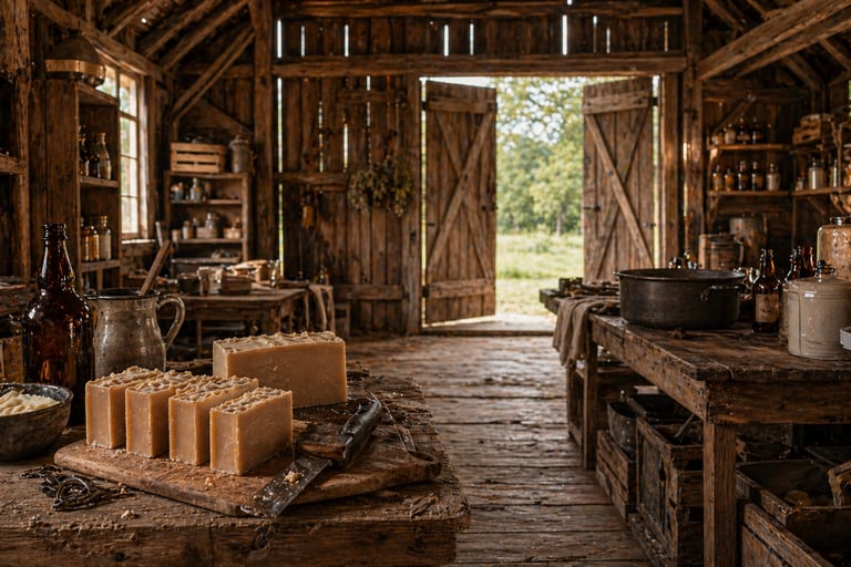 Handmade artisanal soap bars drying on a wooden table inside a rustic vintage workshop barn.