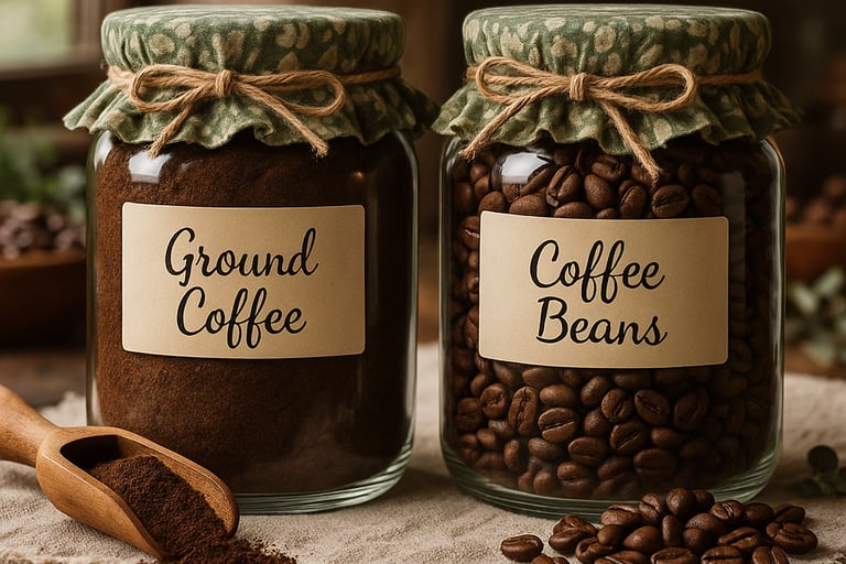Mason-jars-one-with-ground-coffee-one with-coffee-beans