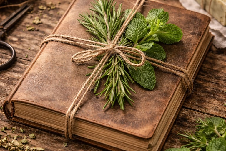 Vintage leather journal tied with twine and fresh green herbs on a rustic wooden table.