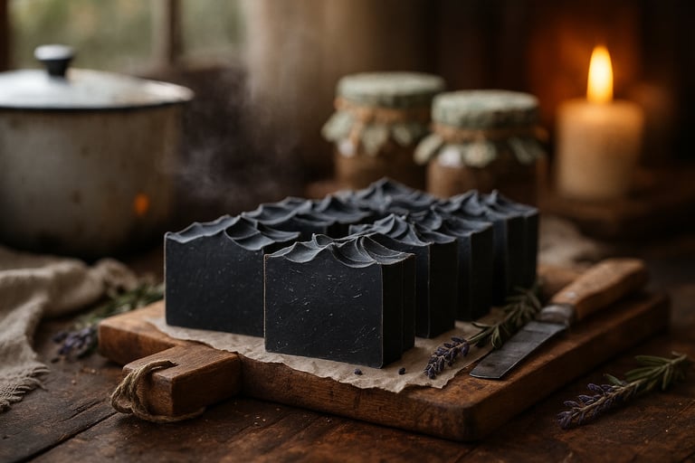 Handmade activated charcoal soap bars on a wooden board with lavender and a lit candle.