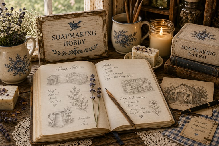 Handmade soapmaking journal and sketches with lavender, dried herbs, and a lit candle on a rustic wooden desk.