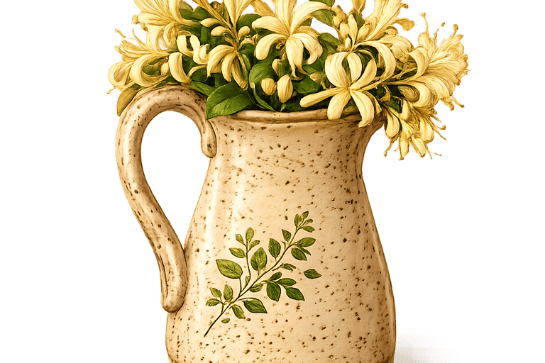 Vintage speckled ceramic pitcher with a green leaf pattern holding fresh yellow honeysuckle flowers against a black