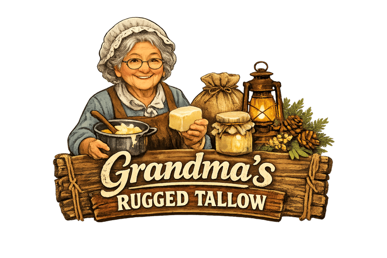 Vintage logo for Grandma's Rugged Tallow featuring a smiling grandmother holding natural beef tallow.