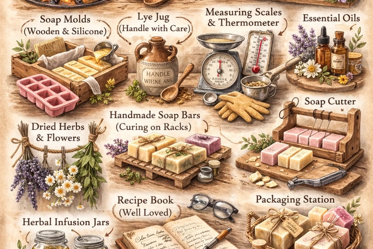 Vintage-style illustration of handmade soap making supplies including essential oils, herbs, and wooden tools.
