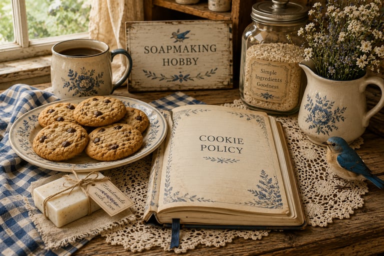 Rustic kitchen setting with chocolate chip cookies, coffee, and a vintage book open to a cookie policy page.