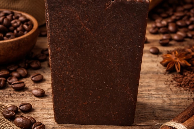 Handmade dark chocolate coffee soap bar on wooden surface with roasted coffee beans and cinnamon sticks.