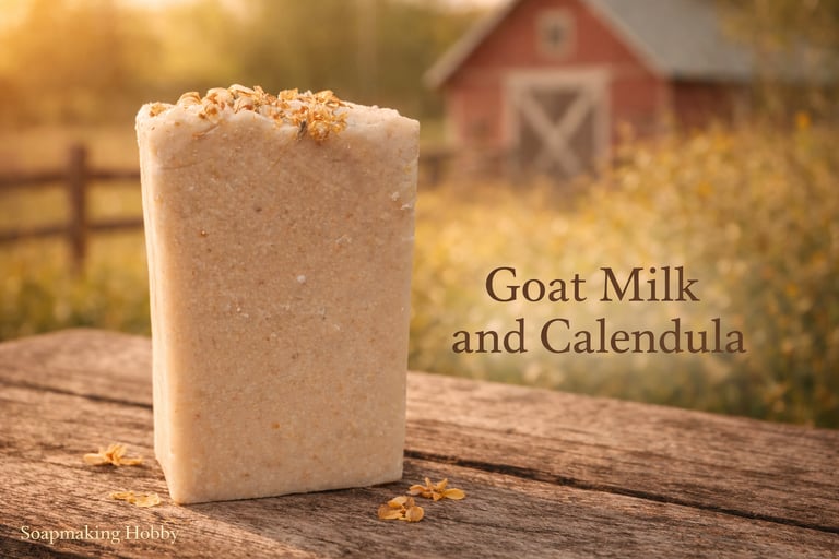 Handmade goat milk and calendula soap bar on a rustic wooden table with a red farm barn background.