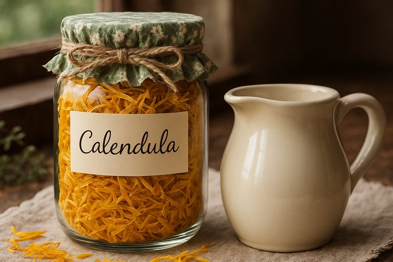 A glass jar filled with dried yellow calendula petals sitting next to a ceramic pitcher.