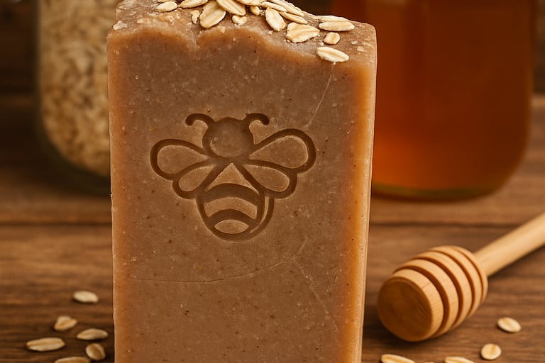 Handmade honey and oatmeal soap bar with a bee stamp on a rustic wooden table.