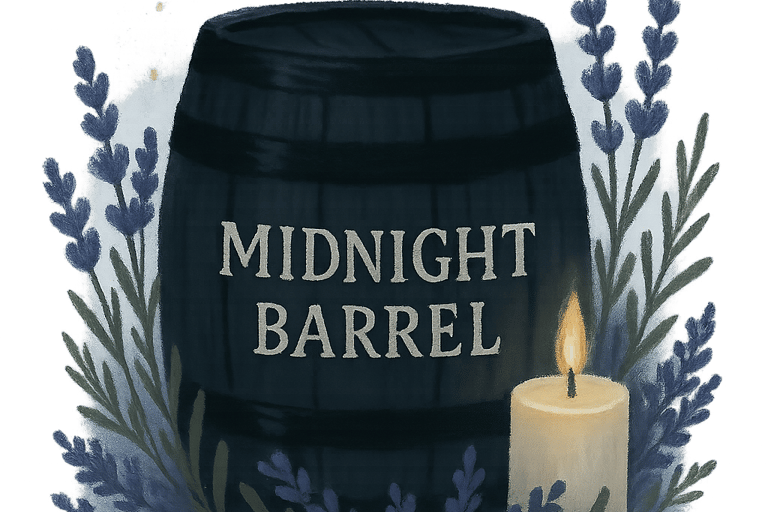 Illustration of a midnight barrel with lavender, a lit candle, and a crescent moon.