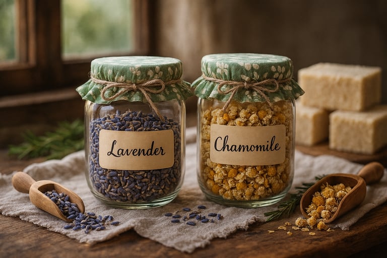 Glass jars of dried lavender and chamomile flowers for herbal tea or aromatherapy.